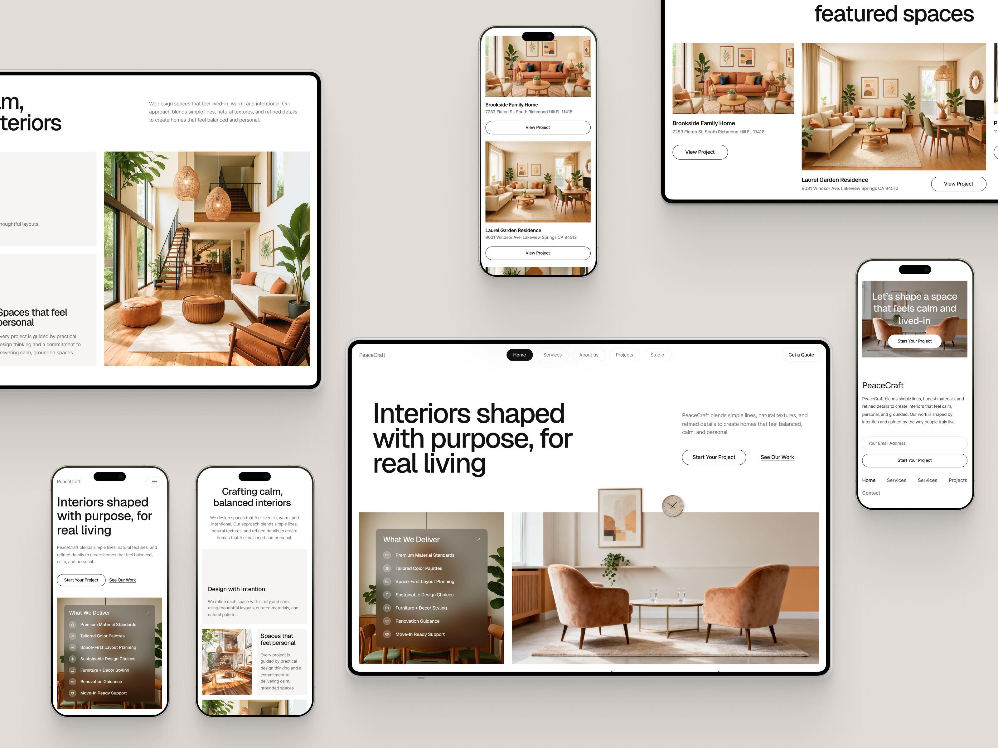 PeaceCraft — Interior Design Website Design architecture firm editorial website home decor website interface interior design website landing page luxury interior luxury living minimal real estate responsive saas service soft ui web webflow website design wingly
