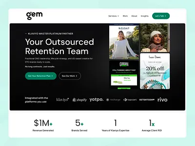 Gem Retention Team Website Design agency website client portfolio dtc brands email marketing figma klaviyo lifecycle marketing marketing agency marketing design retention marketing ux design web design