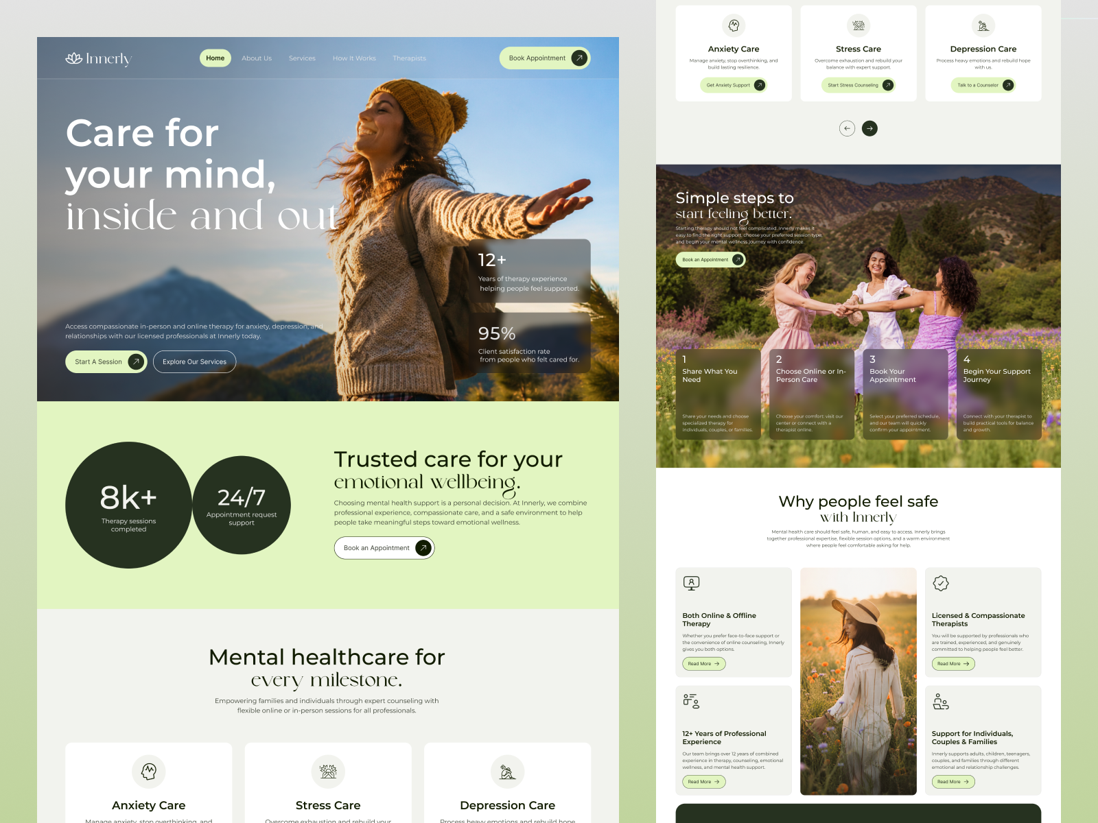 Innerly — Mental Health & Wellness Landing Page Design anxiety therapy counseling service counseling website depression counseling emotional wellness healthcare landing page healthcare ui landing page design mental health website mental healthcare mental wellness landing page online therapy psychologist website relationship counseling therapist website therapy booking website therapy website design ui ux design wellness center website