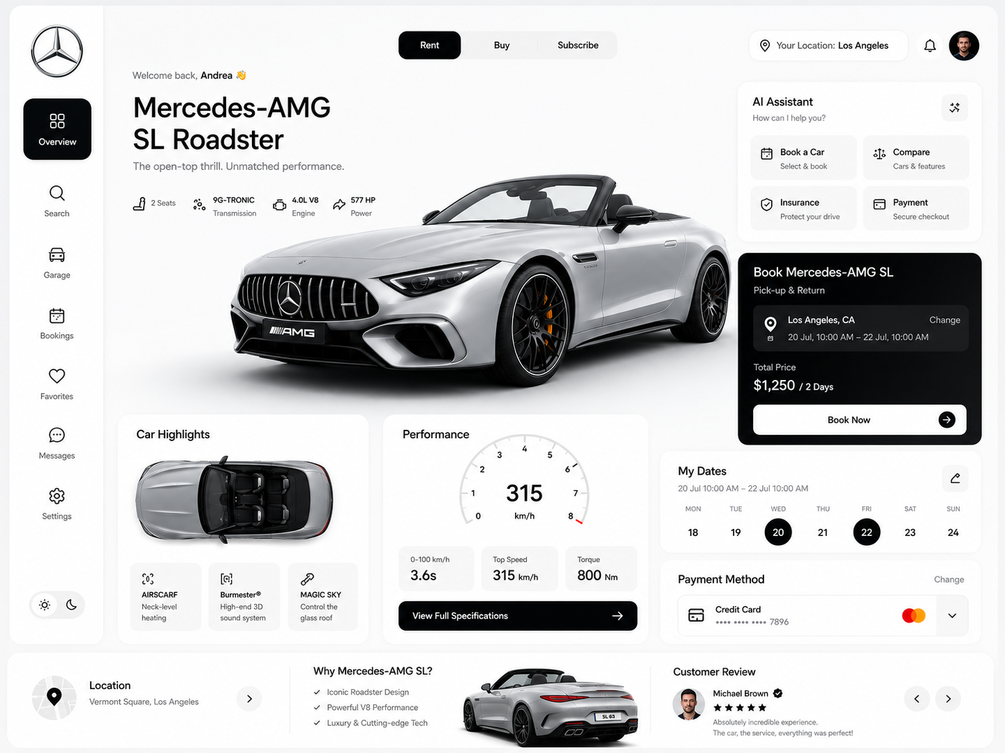 Mercedes-AMG SL Roadster — Luxury Car Rental Dashboard UI animation app app design automotivedesign cardashboard carrentalui dashboardui design figma luxuryui mercedesamg mercedessl minimalui modernui product design ui ui ux uidesign uxdesign webdesign