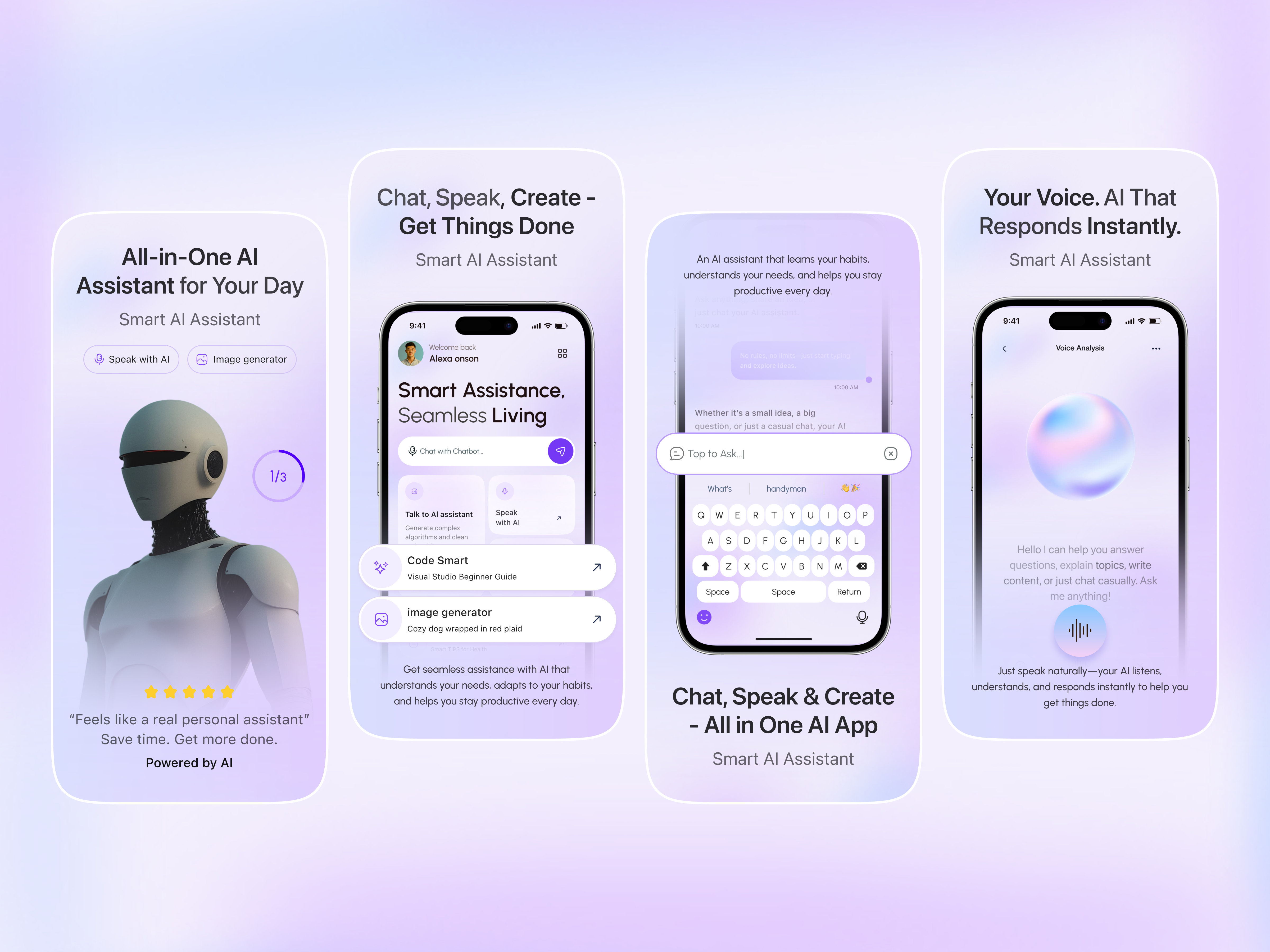 AI Chat & Voice Assistant – Premium App Store Screenshots ai ai assistant app screenshots redesign app store screenshots app ui apple store appstore chatbot glassmorphism ios app mobile mobile app premium ui screenshots screenshots redesign ui design voice assistant web