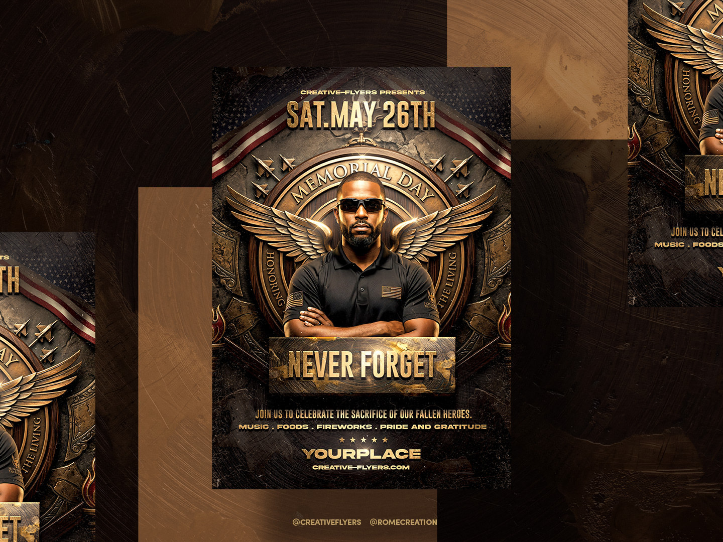Memorial Day Tribute - Event Flyer & Poster Design 3d text branding cinematic creative flyer event poster flyer design gold texture graphic design heroic memorial day metallic style military tribute patriotic photoshop poster design print design typography