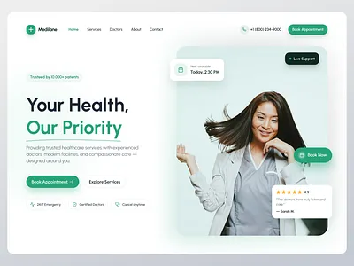 Medilane - Hospital Landing Page booking branding cleandesign design doctors health hospital landing page medichine minimalis minimalisdesign moderndesign saas ui uidesign uiux ux uxdesign webdesign website