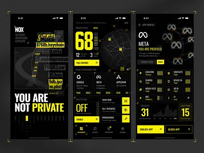 NOX • Privacy Monitoring App animation app branding brutalism dark mode dashboard graphic design ios mobile motion graphics oled privacy ui vpn yellow