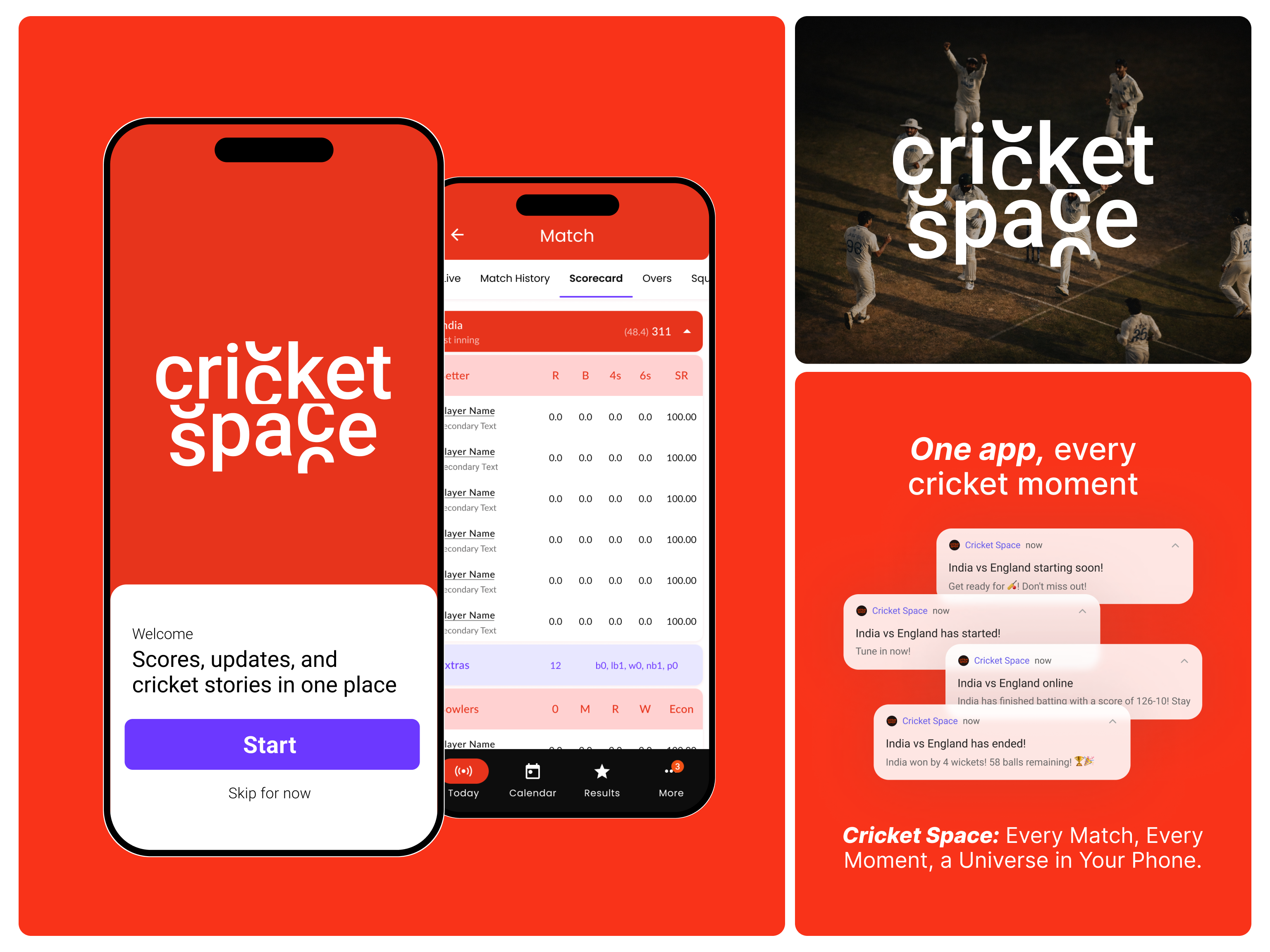 Example of Cricket Space. App Brand System, UI Design