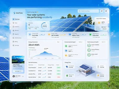 SolarPulse – Solar Energy Management Dashboard UI/UX ☀️📊 clean tech dashboarddesign data visualization design energy management ui figma illustration iot monitoring productdesign renewable energy smart home solar analytics solar dashboard sustainability tech ui uiux userexperience ux design webapp webflow development