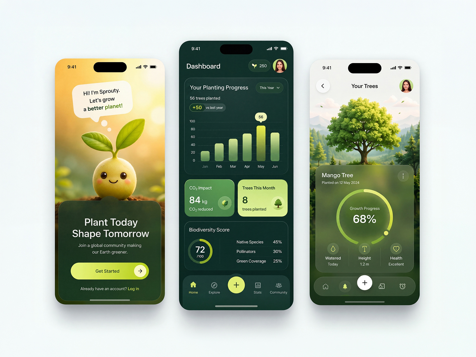 Eco-Friendly Tree Planting & Care Mobile App UI Design climate awareness eco app eco dashboard environmental app environmental platform gamification design green lifestyle green technology mobile experience mobile ui modern ui nature interface plant growth tracker sustainability app sustainability tracking tree planting uiux design user experience