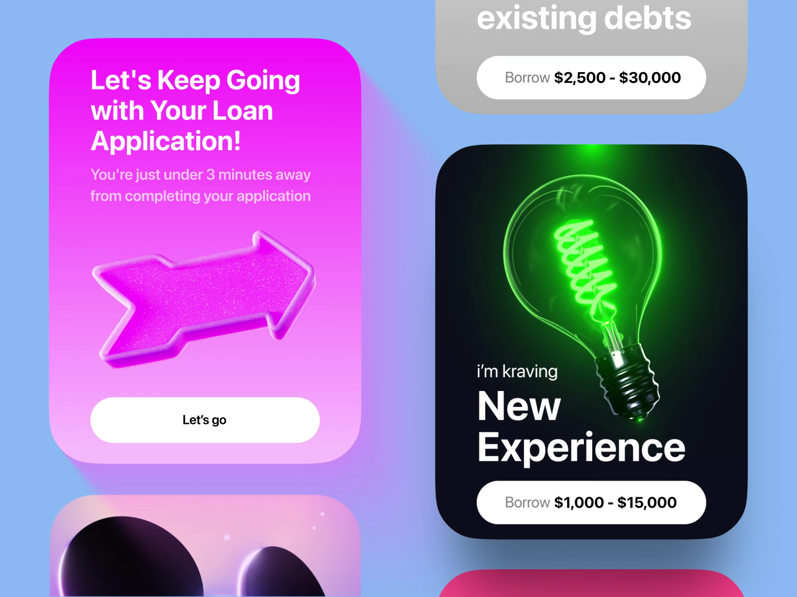 Kraving Mobile app design Cards icons [1-6] 3D animation