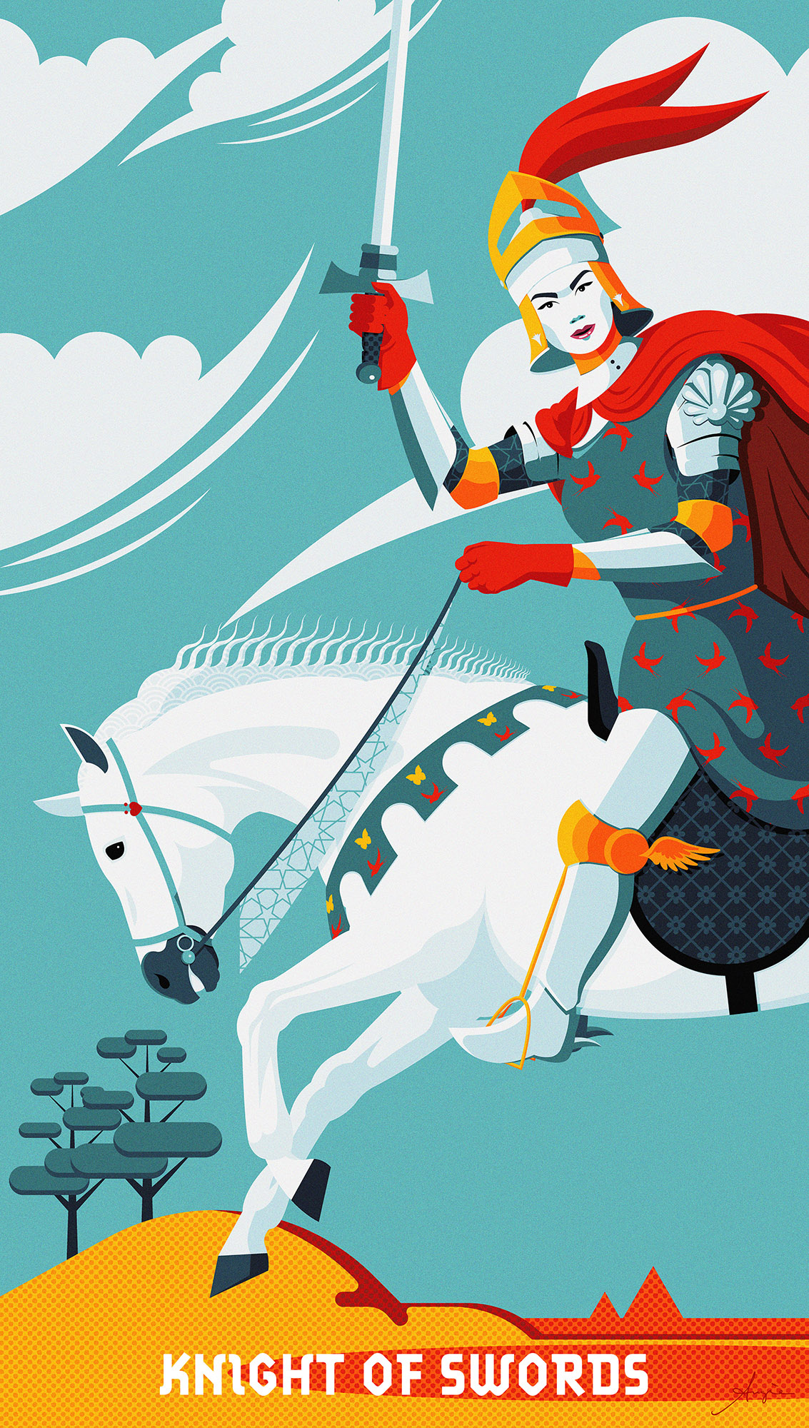 Personal Tarot Deck - Knight of Swords adobe illustrator blue cards contrast daily art deck flat design horse illustration knight oracle red sword swords tarot vector vector illustration woman