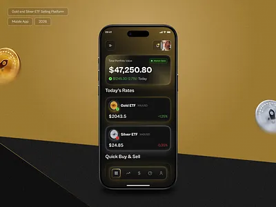 Premium Gold & Silver ETF Trading App Concept ai app design daily ui darktheme design figma finance fintech goldetf mobile app product design silveretf trading app ui ui design ux uxdesign wealthmanagement