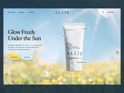 ALLIE Sunscreen Hero Section | Luxury Skincare Landing Page UI beauty landing page beauty website cosmetic website cosmetics branding ecommerce website glassmorphism hero section landing page design luxury skincare product hero product landing page skincare design skincare ui spf skincare sunscreen landing page sunscreen product ui design ux design web design website design