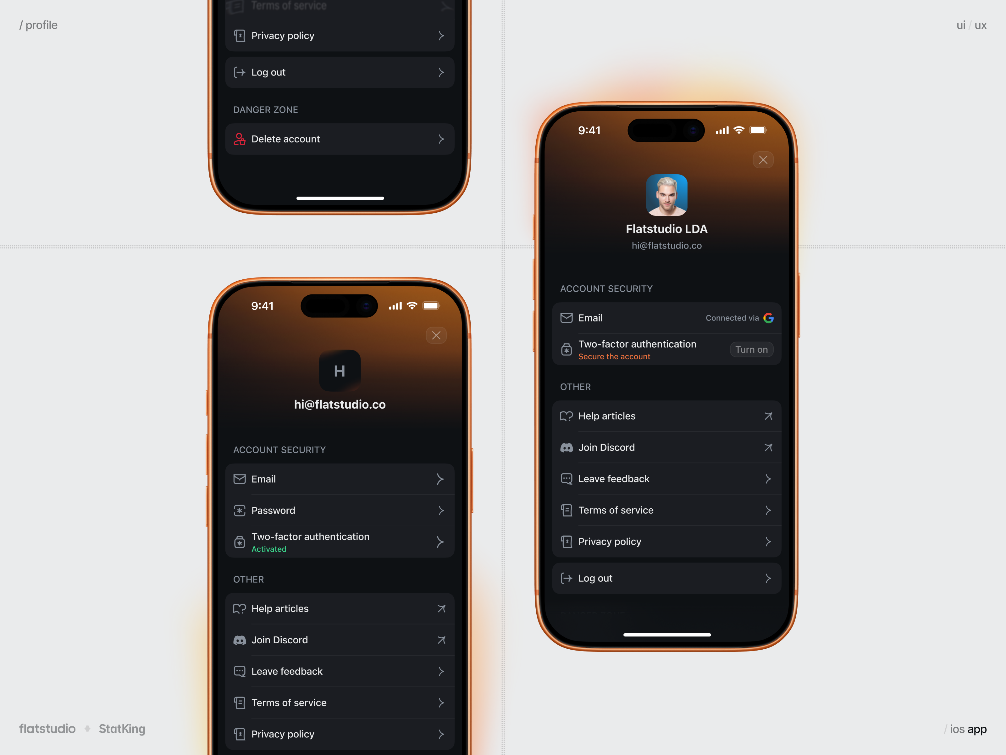 StatKing App: Profile & Security UI