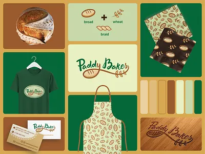 Paddy Bakes brand identity artisan bakery bakery branding branding bread logo celtic braid celtic design custom font custom typography earthy palette food branding green branding hand lettering heritage branding logo design ochre tones organic design packaging design rustic branding visual identity wheat illustration
