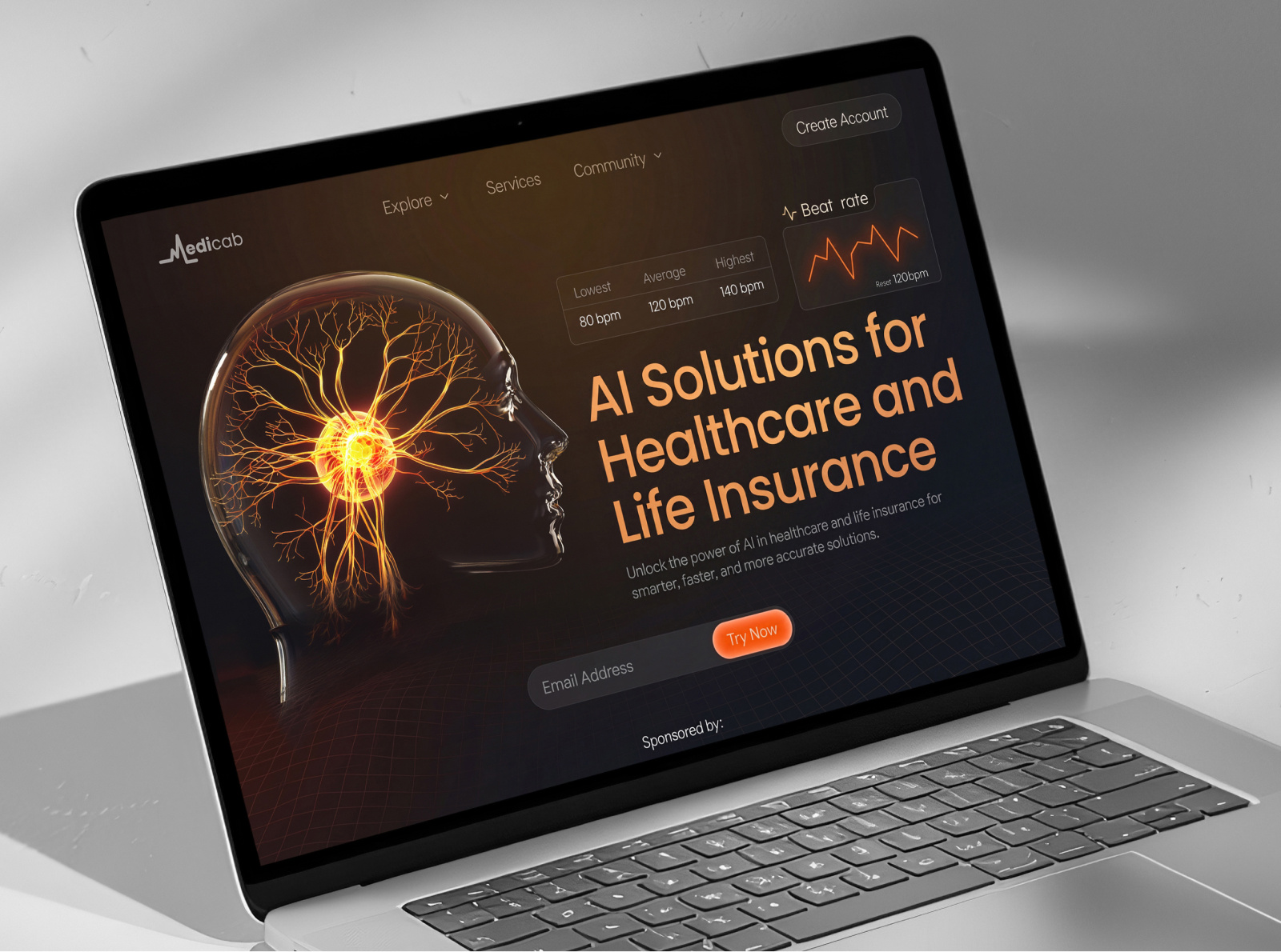 AI Healthcare & Insurance Website Design - Medicab 3d illustration ai healthcare artificial intelligence dark interface data visualization digital health futuristic ui healthcare landing page healthtech innovation platform insurance platform medical dashboard medical technology neural network saas design smart healthcare tech landing page techwitpro uiux design