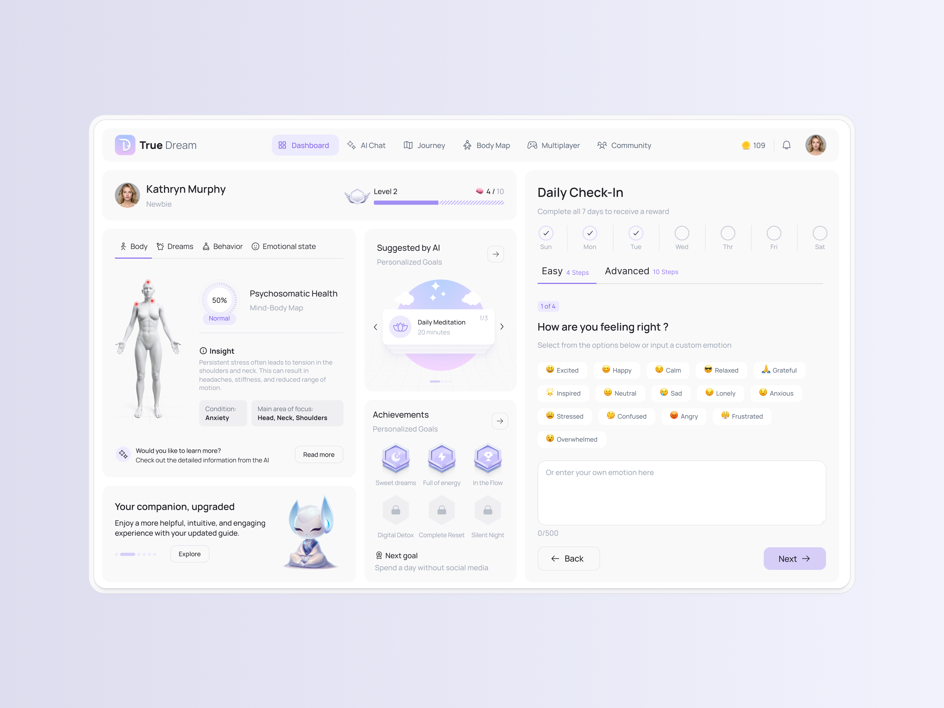 Product Design for AI Mental Health Dashboard – True Dream