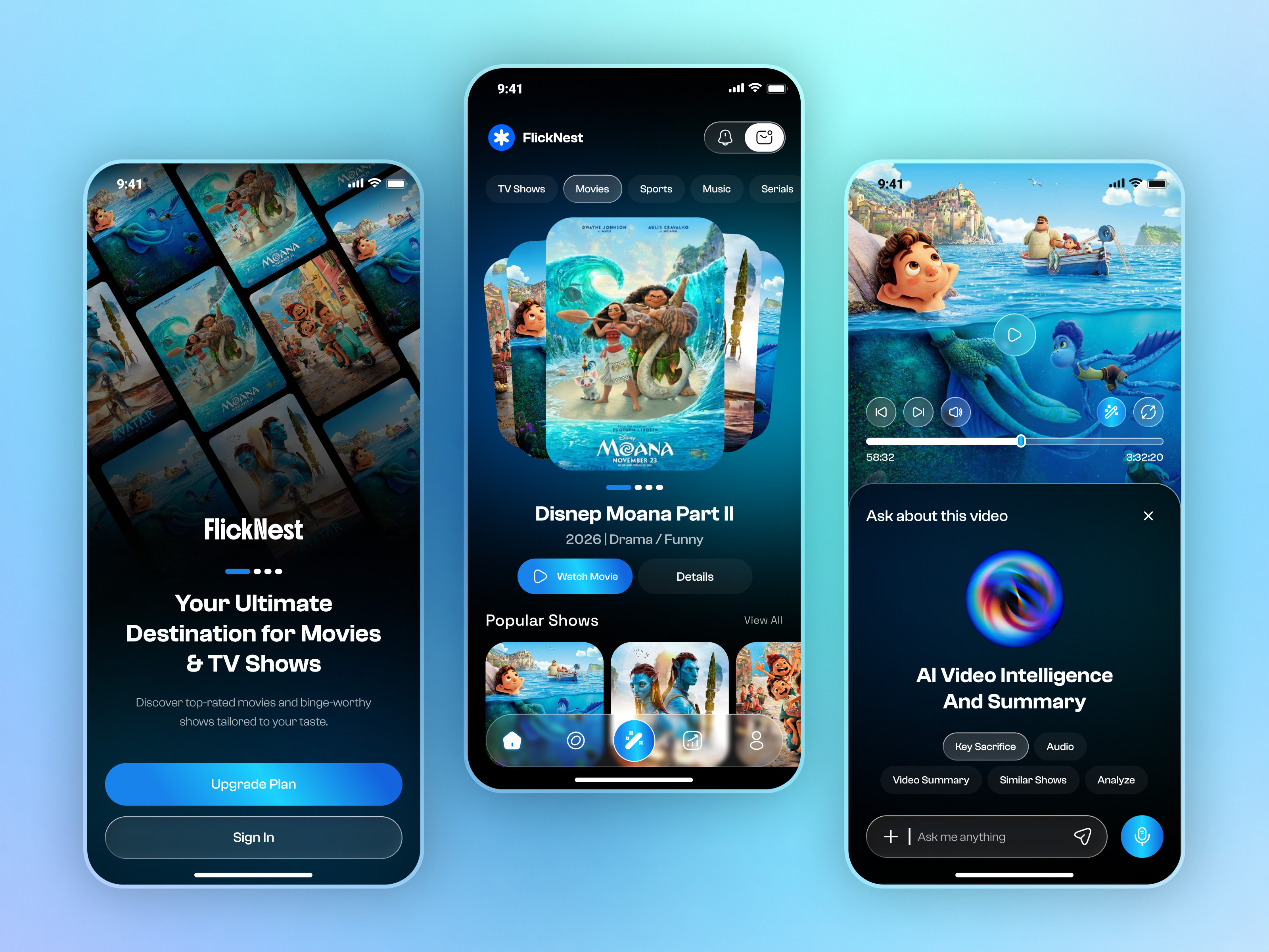 FlickNest — AI-Powered Streaming Experience & Video Intelligence ai chat ai experience ai movie animation app app design app redesign cinematic ui design entertainment app figma design finance app mobile app movie app netflix ui ott platform peacock redesign streaming app streaming app redesign tv app