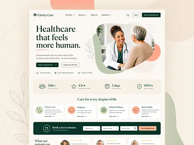 Clarity Care appointment booking booking ui clinic website healthcare healthcare website healthtech hero homepage homepage design illustration landing page medical website mental wellness patient care pediatrics primary care telehealth web design wellness wellness website