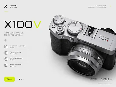 Product Landing Page: Fujifilm X100V Showcase 3d product render camera clean design digital design e commerce ui fujifilm interface design landing page minimalist ui modern typography photography product page product showcase tech layout ui design user interface ux design visual identity web design white space