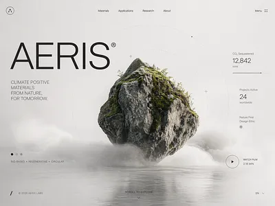 Landing Page: Aeris Climate Positive Materials branding clean ui creative layout eco friendly environmental design hero section high end design interactive design landing page minimalism modern web nature inspired product design sans serif sustainability typography ui design ux design web design white space