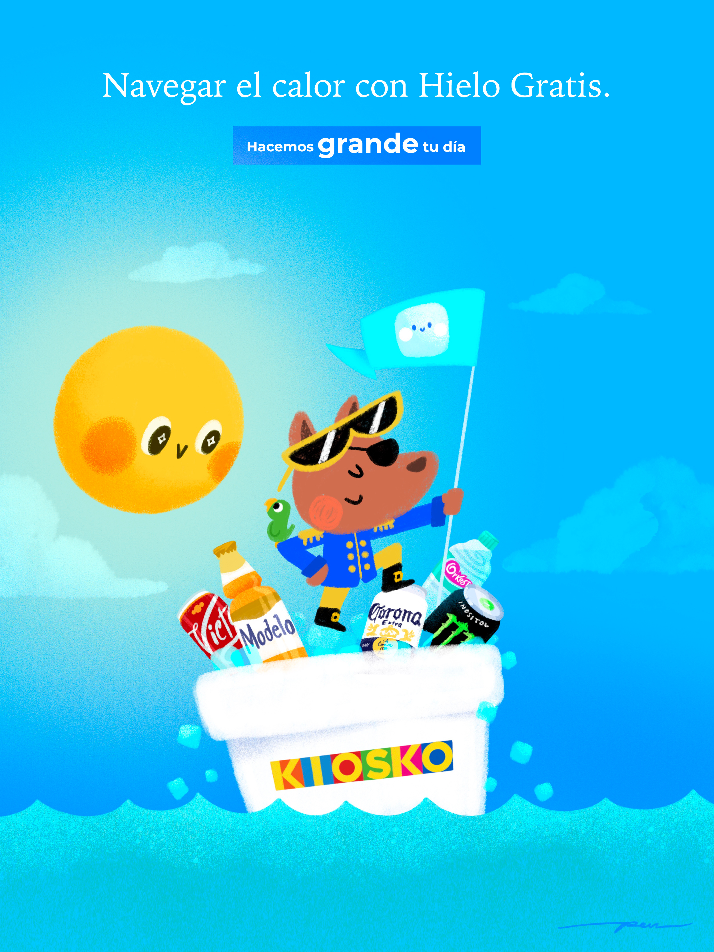 Kiosko 2026 beer cartoon character color cute design dog drinks heat ice illustration ocean sun water wave