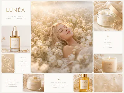 Brand Identity: LUNÉA Skincare Ethereal Moodboard beauty branding bento grid brand identity branding cosmetics elegant design gold palette layout design lifestyle photography logo design luxury branding minimalist design moodboard organic style packaging design product photography skincare branding typography visual identity wellness branding