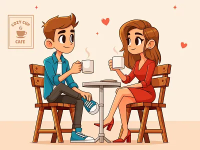 Romantic couple cartoon in a cozy cafe for Valentine’s Day beehaya cafe illustration cartoon couple cartoon vector coffee lovers couple coffee date couple in cafe cozy cafe love illustration lovely couple romantic couple romantic scene valentine couple valentine day vector illustration young couple