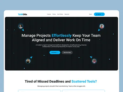 Taskora — SaaS Project Management Landing Page branding dashboard landingpage productivity projectmanagement saas techelementit. ui uiux webdesign