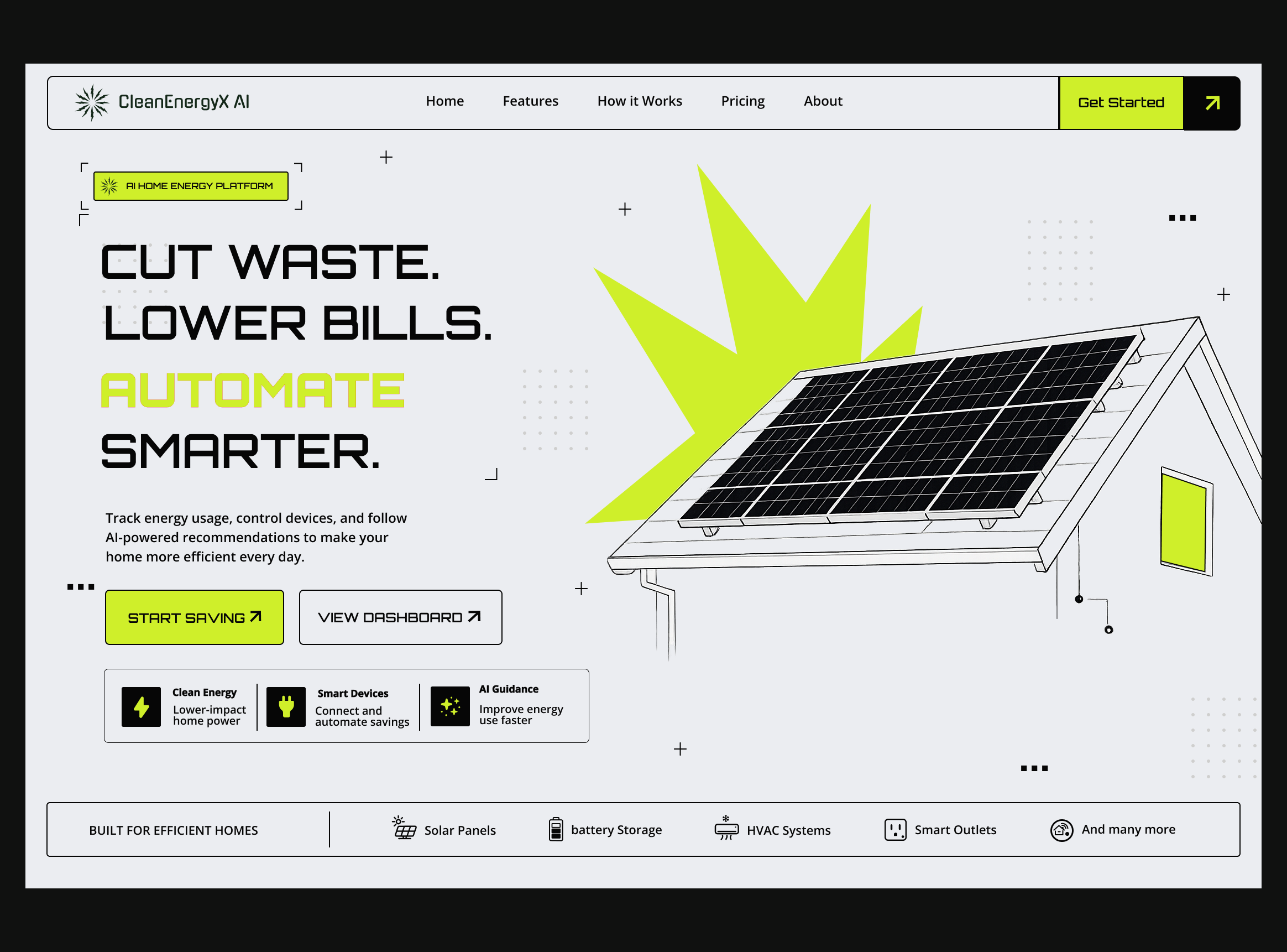 Eco Smart Home Device Management Platform. Landing page Hero brutalism brutalist web design cleantech eco ecology energy dashboard green energy hero section home automation platform homepage design iot landing page light theme saas design smart devices smart home solar panels ui ui design web design