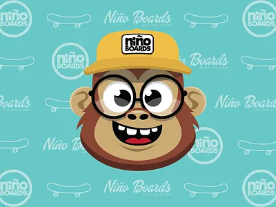 Skateboard mascot & pattern ape ball cap cap chimp chimpanzee glasses happy hat mascot mascot design monkey nino niño patch hat round glasses skateboard skateboarding skater smile