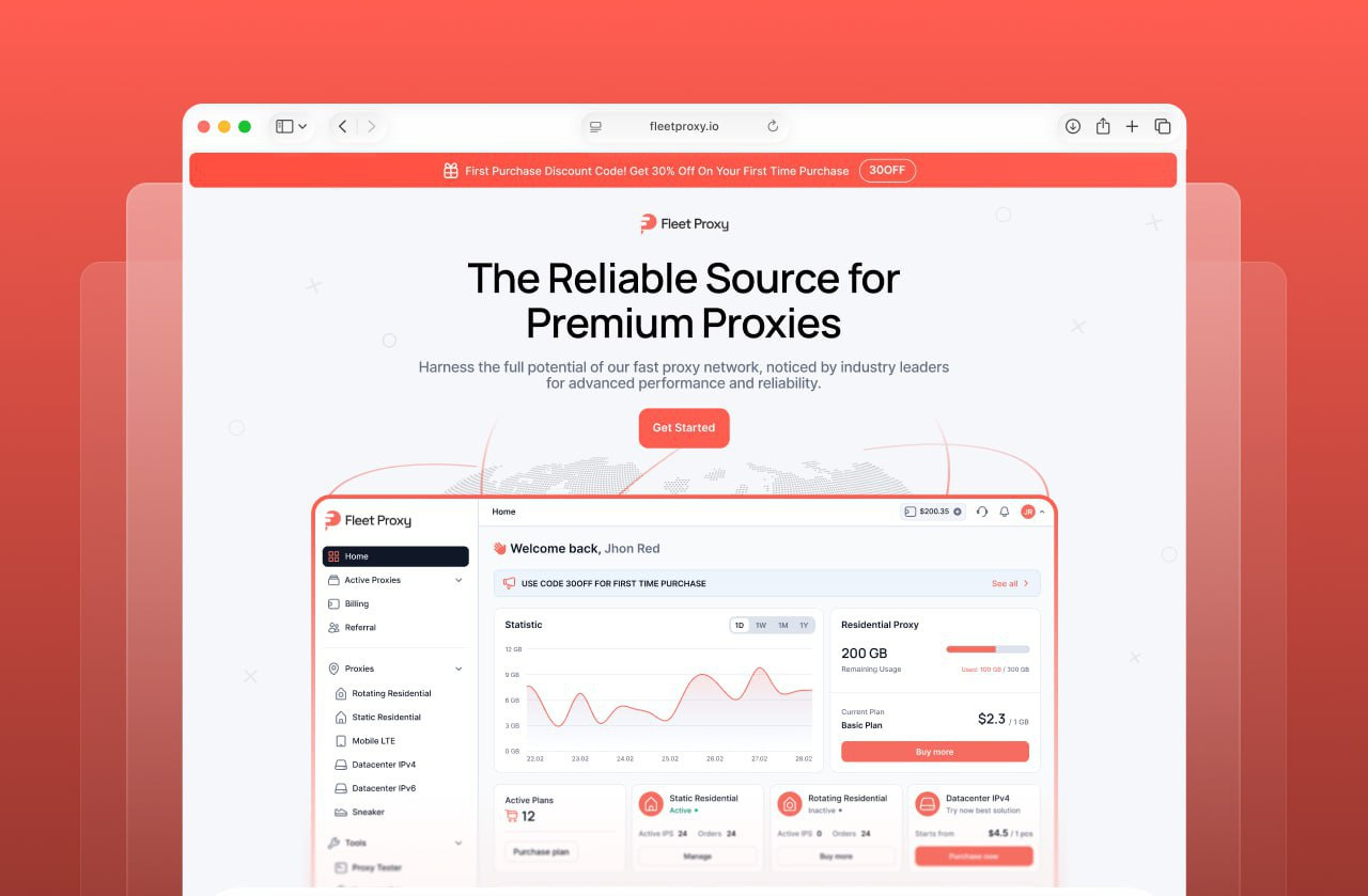 Landing page and promo banner for Fleet Proxy 2026 design conversion design dashboard ui design interface design landing page modern ui oko oko solutions product design proxy service red ui saas design ui design ux design web animation web design