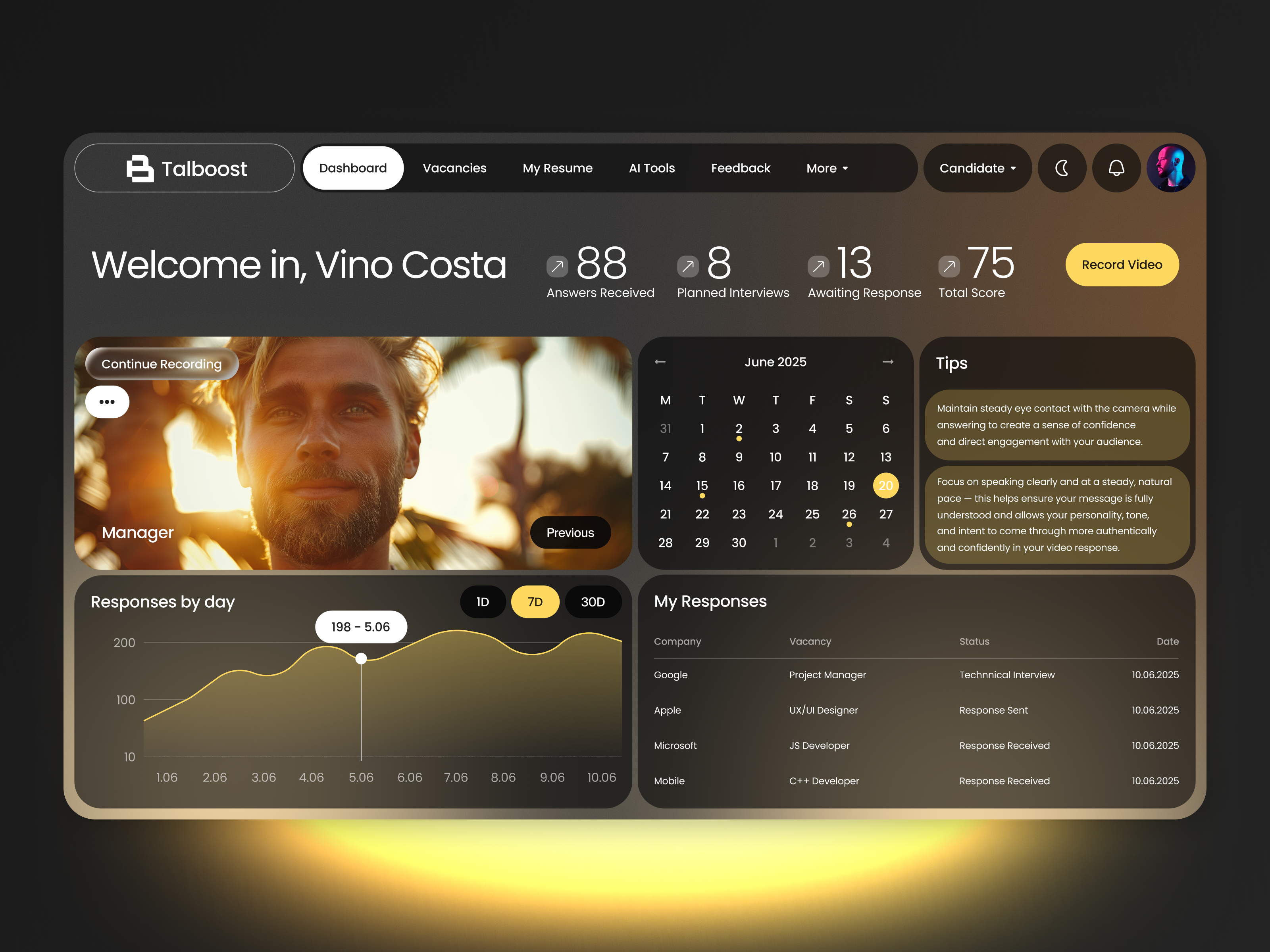 Talboost – Job Application Tracker Dashboard UI Design ai hr application tracker candidate dashboard dashboard ui data dashboard interview tracker job search app job tracker product design recruitment platform roobinium saas dashboard web app design
