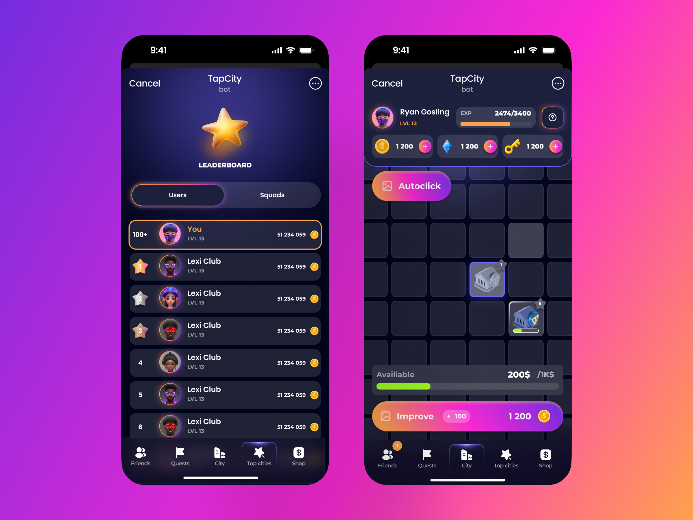 TapCity — Telegram tap-to-earn city builder game battle pass ui city builder game ui clicker game design crypto game ui game ux design isometric game ui leaderboard ui design mobile game ui play to earn roobinium squad ui desig tap to earn ui telegram bot ui telegram game design telegram mini app ui web3 game ui web3 mobile ui