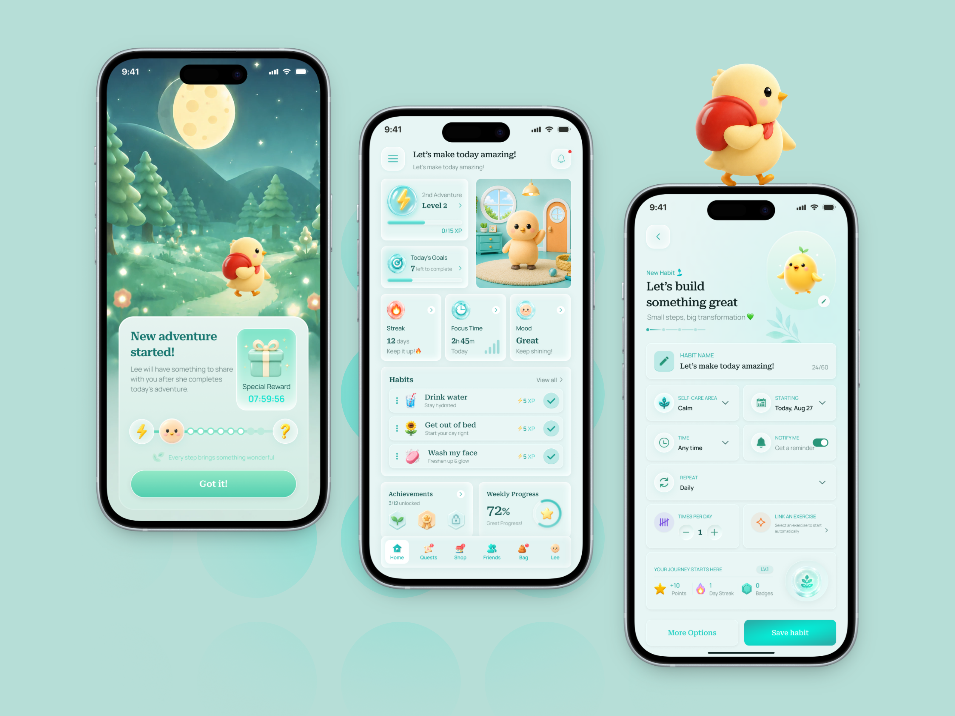 Habit Quest — Gamified Self-Care App UI appdesign cleanui cuteui dailygoals dribbble figma gamification glassmorphism habitbuilding habittracker mobileappdesign mobileui pastelui productivityapp selfcareapp softui uidesign uiinspiration uxdesign wellnessapp