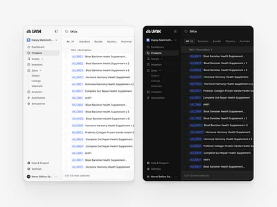 Manage products app bulk selection clean dark mode ui dashboard ecommerce admin flat inventory list minimal product catalog product listing product table saas shadcn shadcnui sku management supply chain tab navigatoon tailwind