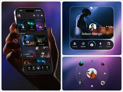 Momento - Dark Social Stories App Design app design clean dark ui dark mode ui dark ui discover feed event app figma ios app design mobile app design mobile ui nightlife app product design social app social platform stories app ui design uiux
