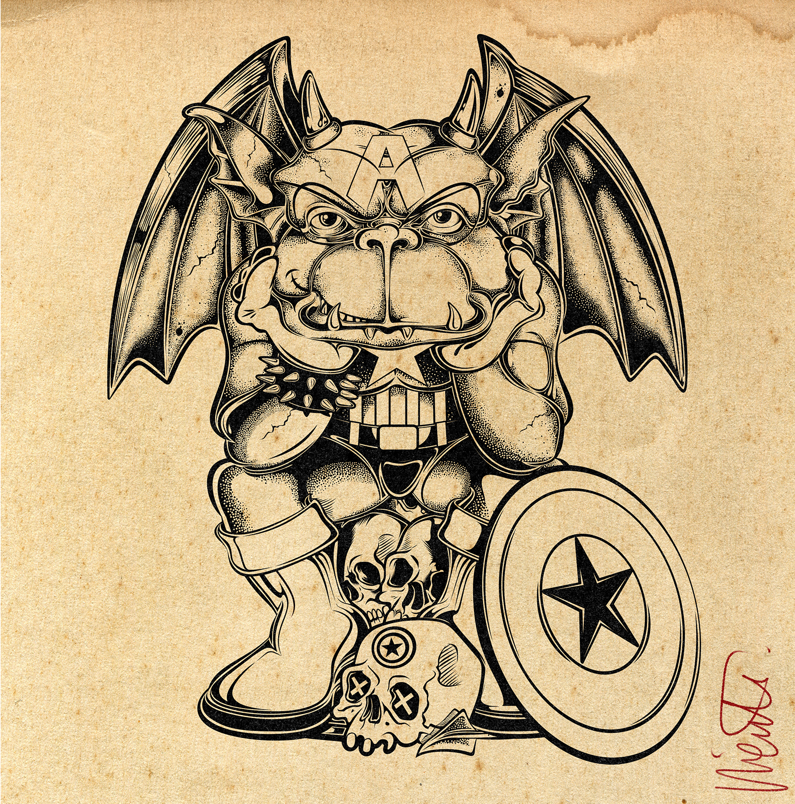 TEEN GARGOYLE DRAWING – CAPTAIN AMERICA INK black and white art captain america character design comic art comic book art creature design david vicente detailed illustration digital ink gargoyle ink drawing line art lowbrow art mascot design pop culture art retro style superhero art teenage gargoyle vintage illustration weird art