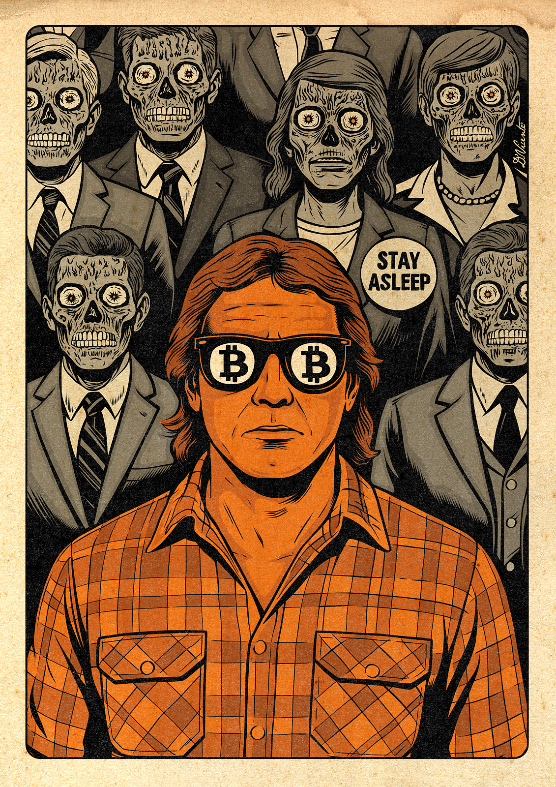 WAKE-UP COLOR VERSION – THEY LIVE VIBES anti system art bitcoin art bitcoin glasses color illustration conspiracy art cult movie art david vicente digital illustration dystopian art john carpenter movie tribute political art pop culture art resistance art retro poster skull art social satire they live underground art wake up