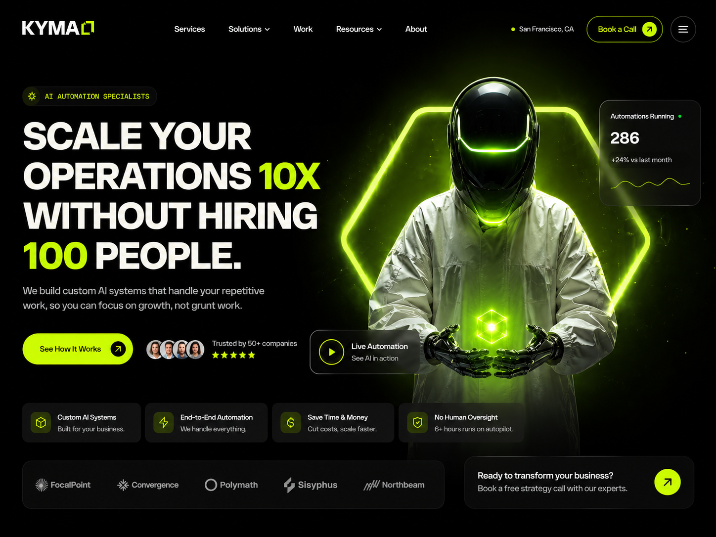 KYMA — AI Automation Agency Hero Section UI Design ai artificial intelligence automation branding creative ui cyber punk dark ui dashboard ui dribbble figma hero section interaction design landing page modern ui neon saas ui design ux design web design website