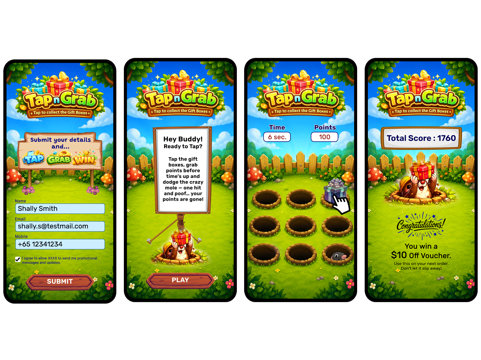 Whack-A-Mole Syle Game. gamification grab and earn mini game tap grab tap and earn tapping game vouchermatic whack a mole