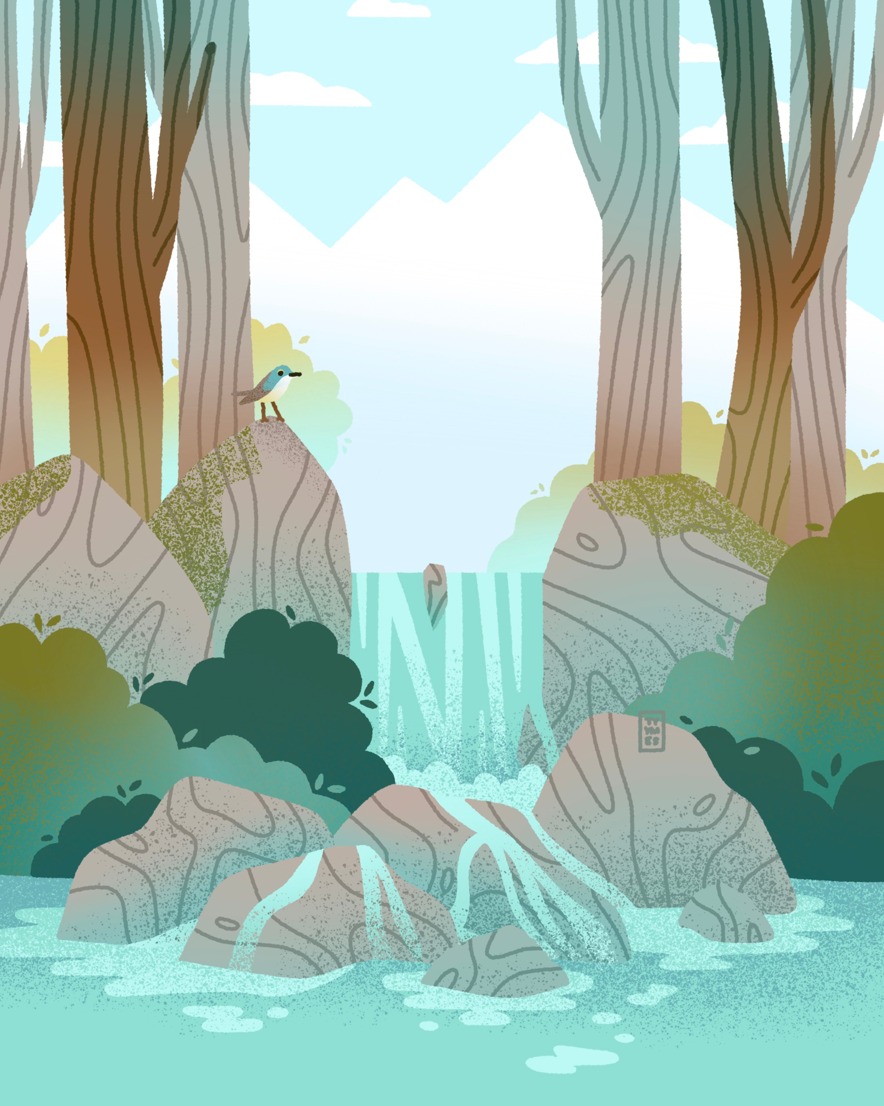 Rivers Flowing bird digital forest gradient illustration landscape nature procreate river rock simple texture tyymes water waterfall