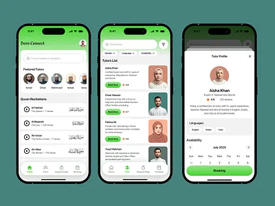 Deen Connect - Quran Recitation app app design agency arabic learning e learning app hadith app halal design halal platform halal ui interface design language learning language learning app mobile app mobile ui muslim app muslim community platform prayer app quran app quran audiobook quran learning quran tutor booking wavespace
