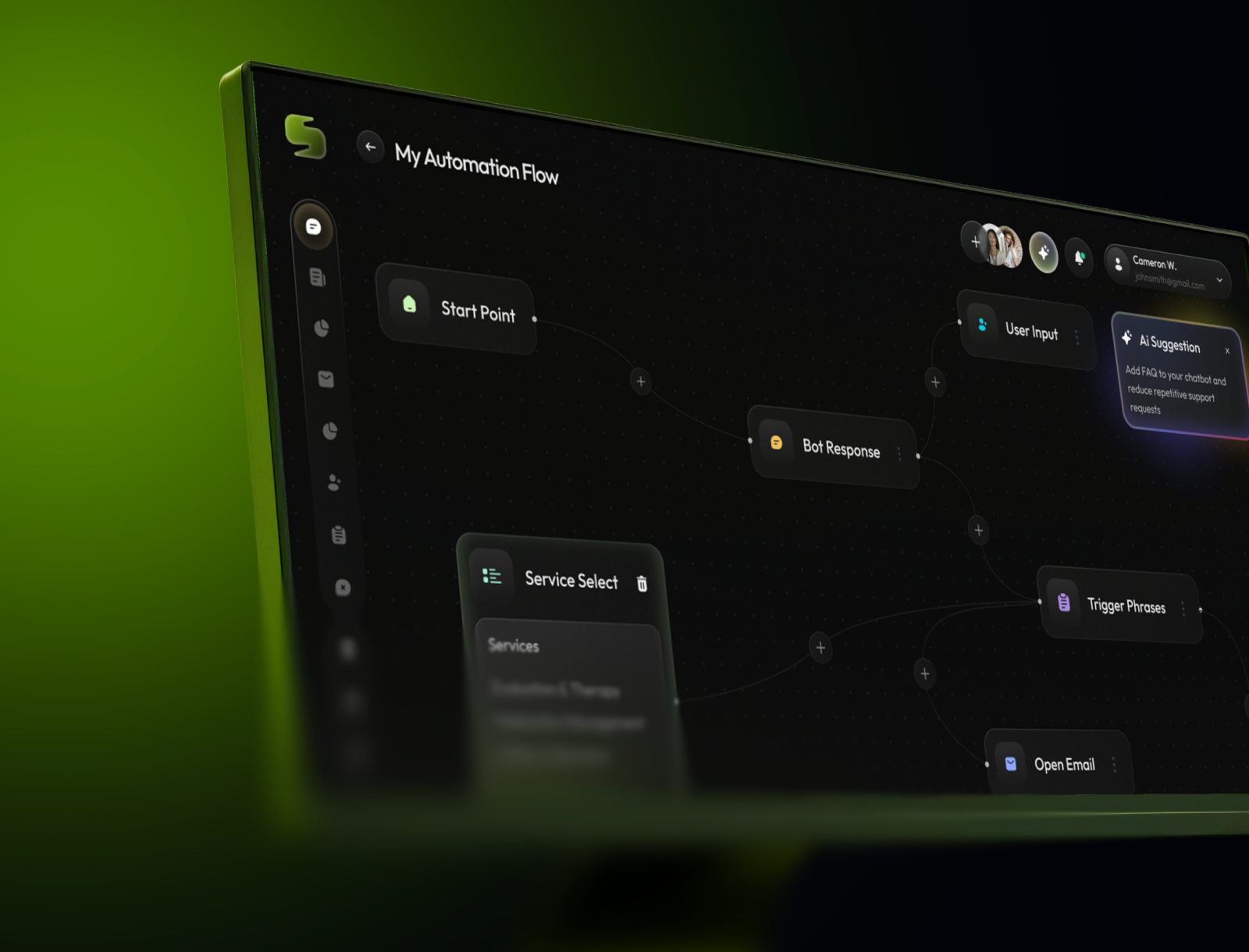 Splan AI admin ai canvas dark dashboard interface nodes ui uiux ux
