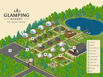 Glamping Resort Map 2.5d glamping illustration isometric layout map template vector