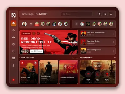 Red Dead Redemption 2 Game Dashboard Experience UI 3d dashboard design design game dashboard game design game ui game ui design gaming dashboard gaming experience gaming platform gaming ui interactive ui modern dashboard red dead redemption ui ui ux design uiux ux web app design web game ui