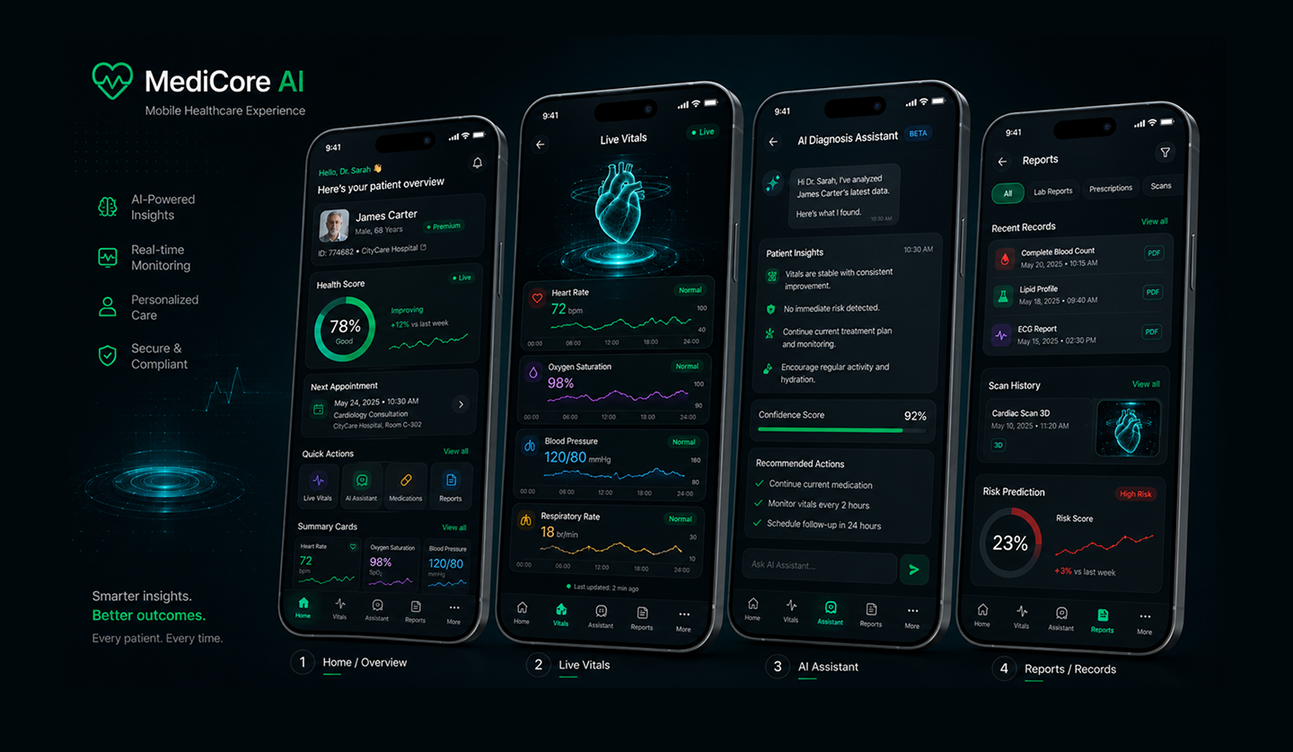 MediCore AI — Mobile Healthcare Experience ai assistant ai diagnosis ai healthcare dark ui dribbble healthcare app healthcare mobile app healthtech hospital app medical app medical dashboard medtech mobile app design mobile ui patient monitoring product design saas design ui design ux design vitals monitoring