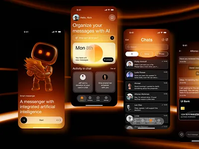 Chat App AI 3d ai animation app design chat clean dark theme design interface message messanger mobile design modern motion motion graphics profile ui ux