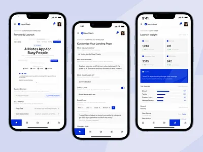 LaunchSpark — Built for Startup Launches Mobile App UI/UX Design animation branding conversion design illustration minimalism mobile mobile app mobile design modern ui product design saas saas design startup design typography ui ux ui