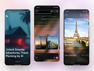 AI Travel Planner Mobile App UI ai app ai assistant ai travel planner app design glassmorphism itinerary app tourism app travel app trip planner ui web