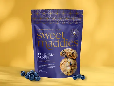 Sweet Maddies Blueberry Sunrise bag bake berry blue blueberry branding cookie dessert flavor foil food fruit gold packaging pouch premium purple sunrise sweet upscale