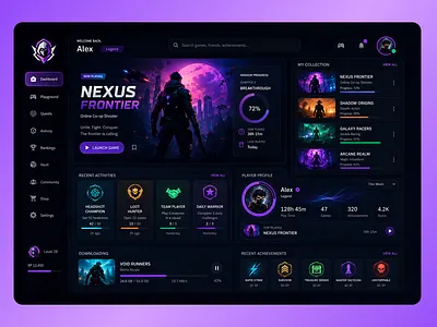 Futuristic Gaming Dashboard UI Design cyberpunk ui dark mode ui desktop dashboard ui esports dashboard futuristic dashboard futuristic gaming ui game launcher design game launcher ui gamer profile ui gaming admin dashboard gaming app ui gaming dashboard ui gaming interface gaming platform design gaming web app modern gaming ui neon dashboard neon interface sci fi ui ui ux design